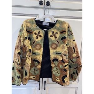 Silk Cocktail Jacket Life & Style Broquet Sequin Beaded Black Gold Olive India